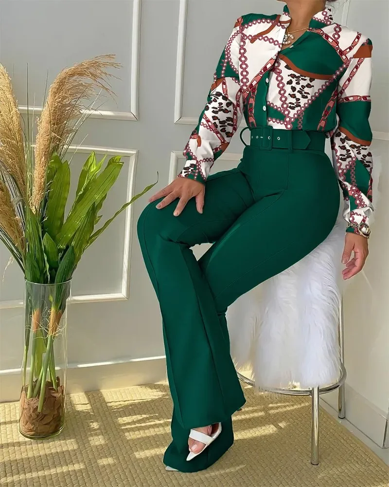 

2024 Autumn Trend Casual Leaf Print Buttoned Shirt & High Waist Pants Sst Two Pieces Set Women Tracksuit Office Clothes