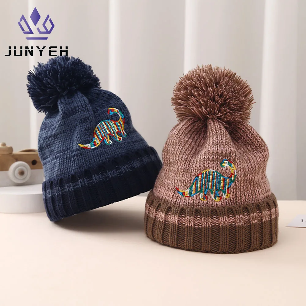 Children\'s Wool Beanie Newest Winter Boys Embroidered Dinosaur Knitted Hat Cartoon Classical Warm Hats For Girls Kids 2-6 Years