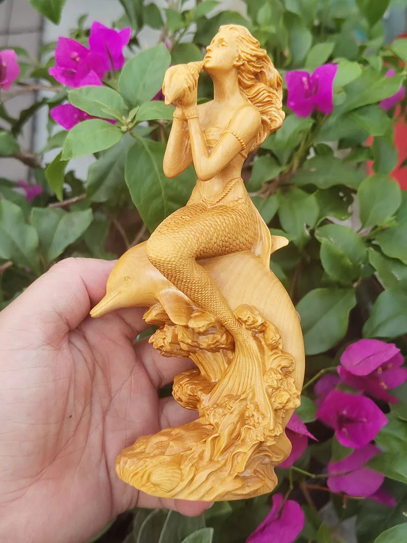 JM017 - 18 CM Tall Carved Boxwood Carving Figurine - Mermaid and Dolphin