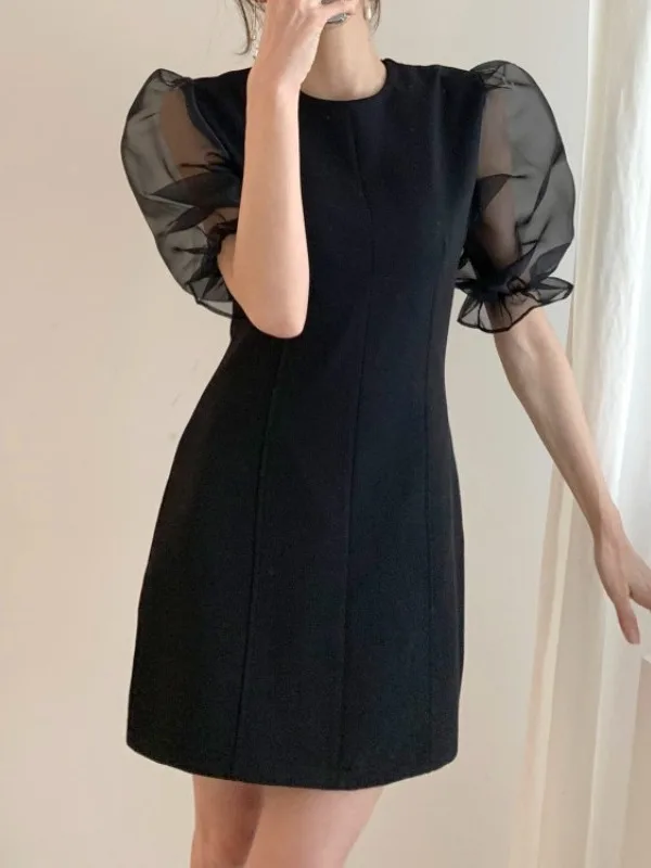 Hebe Sle Spliced Organza Bubble Sve Dr Women's A-Line ort Skirt Waist-Cinching Summer New Arrival Commute