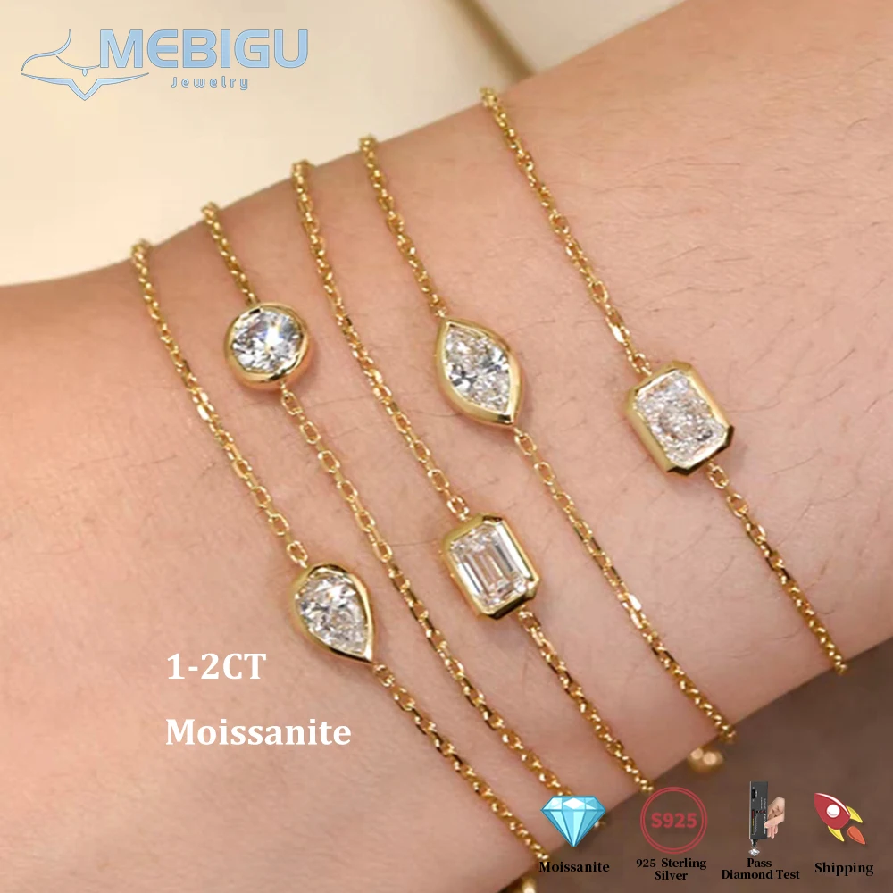 

Mebigu 1/2CT Pear Oval Marquise Cut Moissanite Bezel Solitaire Link Bracelet Women S925 Silver Diamond Bridal Wrist Chain Gift