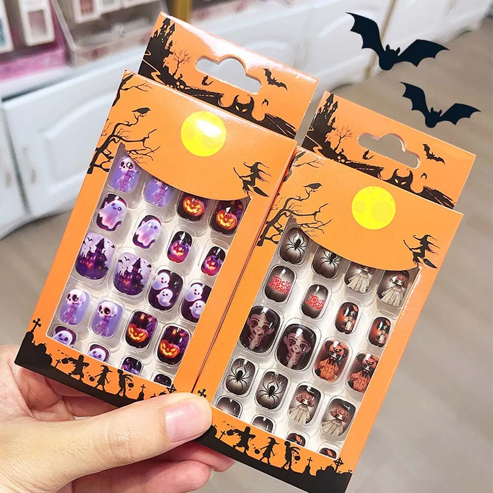

24 шт./компл., летучая мышь, паутина, детские накладные ногти на Хэллоуин, тыква, призрак, детские накладные ногти с героями мультфильмов, принадлежности для ногтей, пресс на ногтях