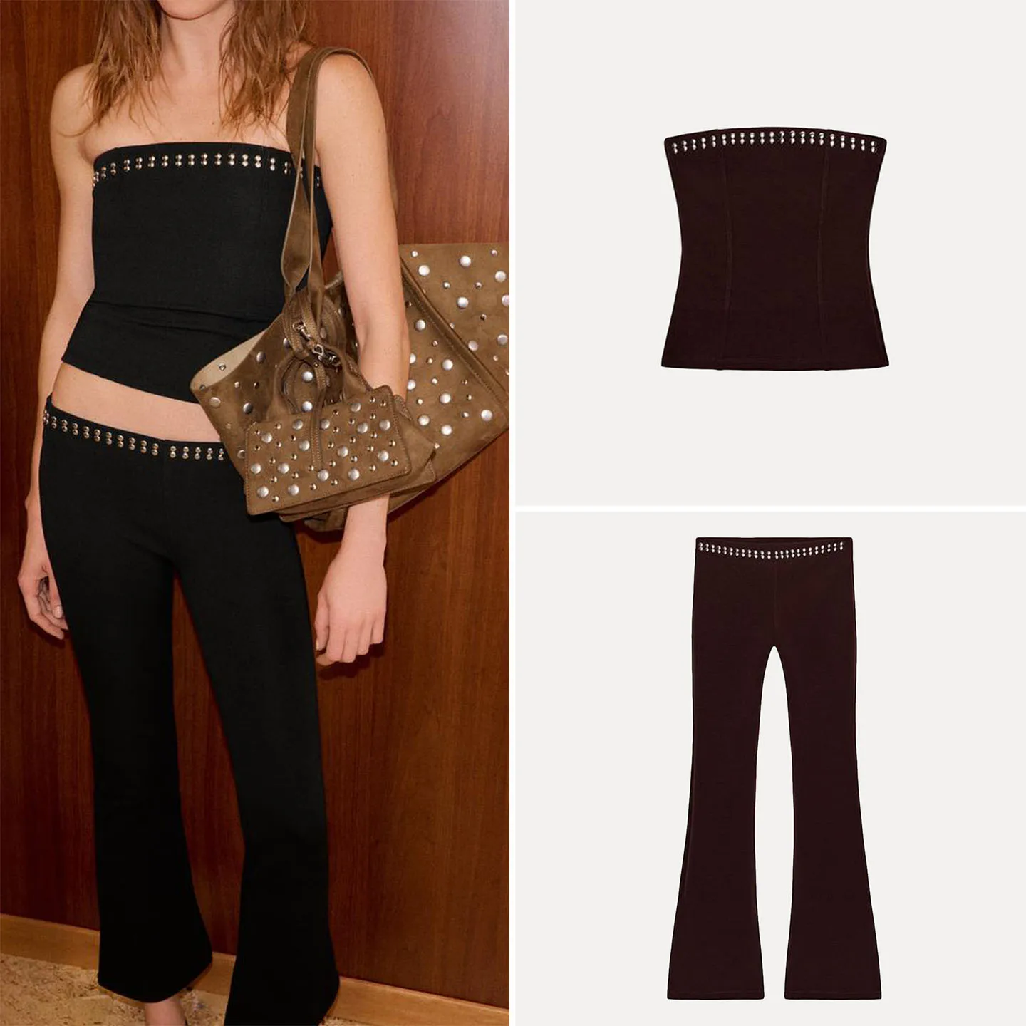 

Women's Spring 2026 Fashion Set Elastic Rivet Decorated Wrap Chest Top with Flared Pants Two-Piece Ensemble Not Available in ...