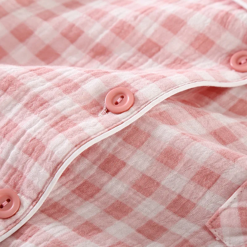 Women Summer Three Piece Pajamas Set Japanese Plaid Pure Cotton Double Layer Yarn Home Clothes New Ladies Sleepwear Suit