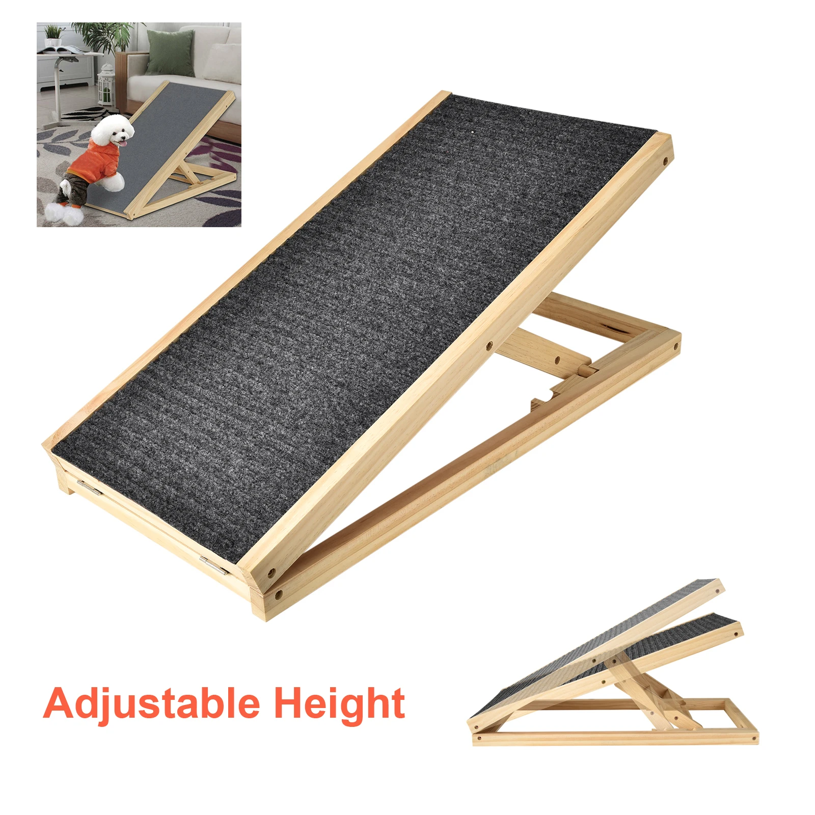 منحدر خشبي قابل للطي للحيوانات الأليفة، ارتفاع سلم كلب السيارة قابل للتعديل مع سجادة غير قابلة للانزلاق، سعة 150 كجم، 70 × 35 سم