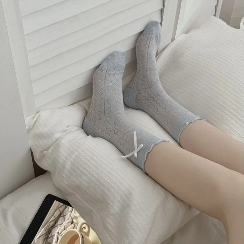 6 Pairs Pack Lolita Long Socks Japanese Style Kawaii Cute Bowknot Ruffle Socks Sweet Heart Thin Mesh Girls Socks Summer