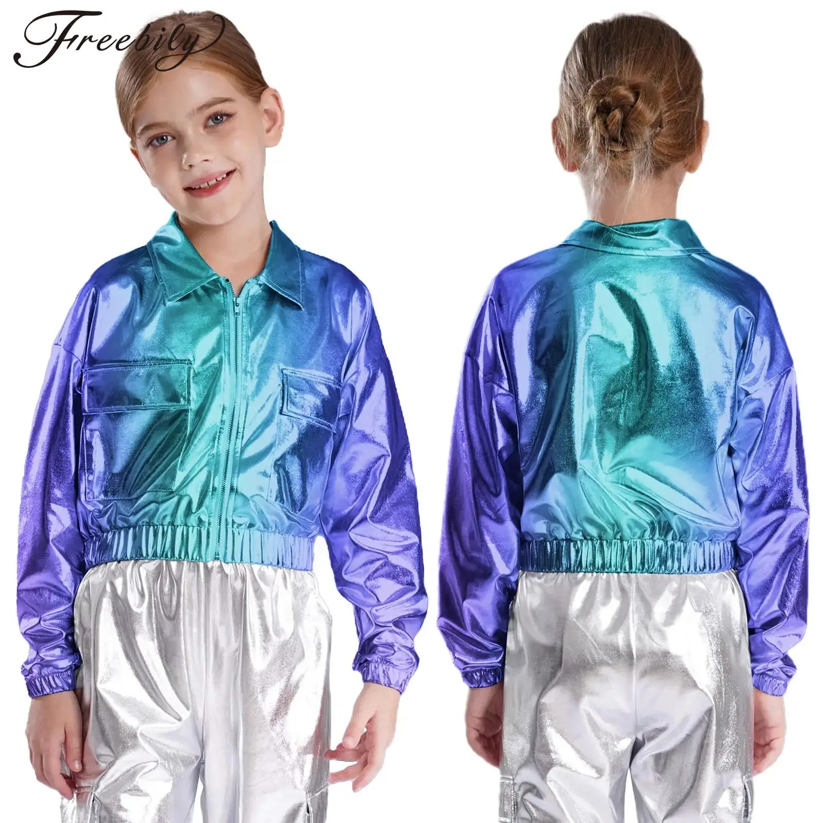 

Kids Girls Boys Shiny Metallic Jacket Coat Lapel Long Sleeve Outwear with Pockets Hip-Hop Jazz Street Dance Performance Costume