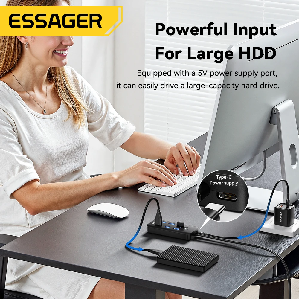 Essager 7-en-1 USB 3,0 Hub Multi USB divisor adaptador de corriente 5Gbps divisor USB de alta velocidad adaptador OTG para PC portátil Macbook Pro