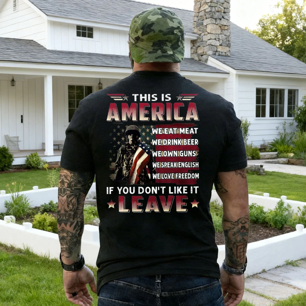 T-shirt pour Vétéran, Cadeau pour la Journée des Vétérans, T-shirt à manches courtes, « C'est l'Amérique, si vous ne le trouvez pas à votre goût, laissez les hommes en paix »