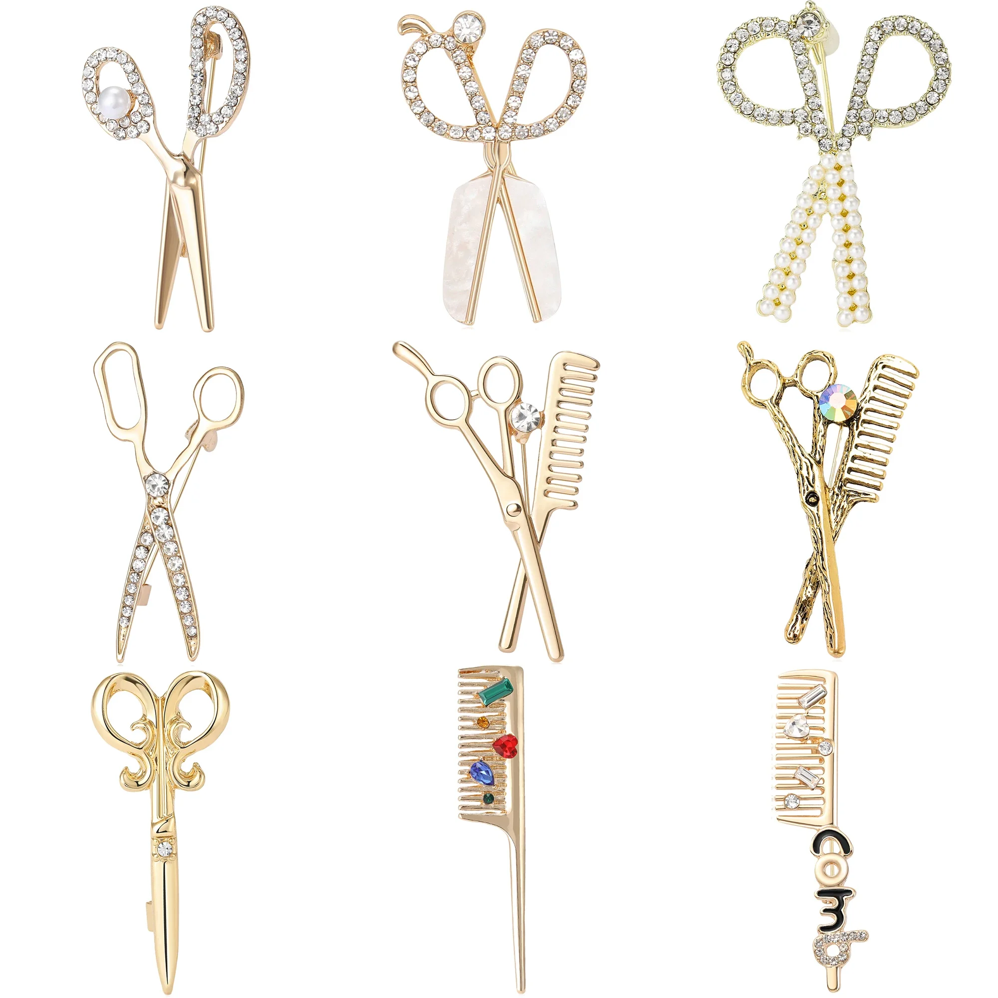Enamel Scissor Comb Pins for Women Uni Rhinestone Tool Brooches Banquet Party Backpack Gifts Jewelry Accessories