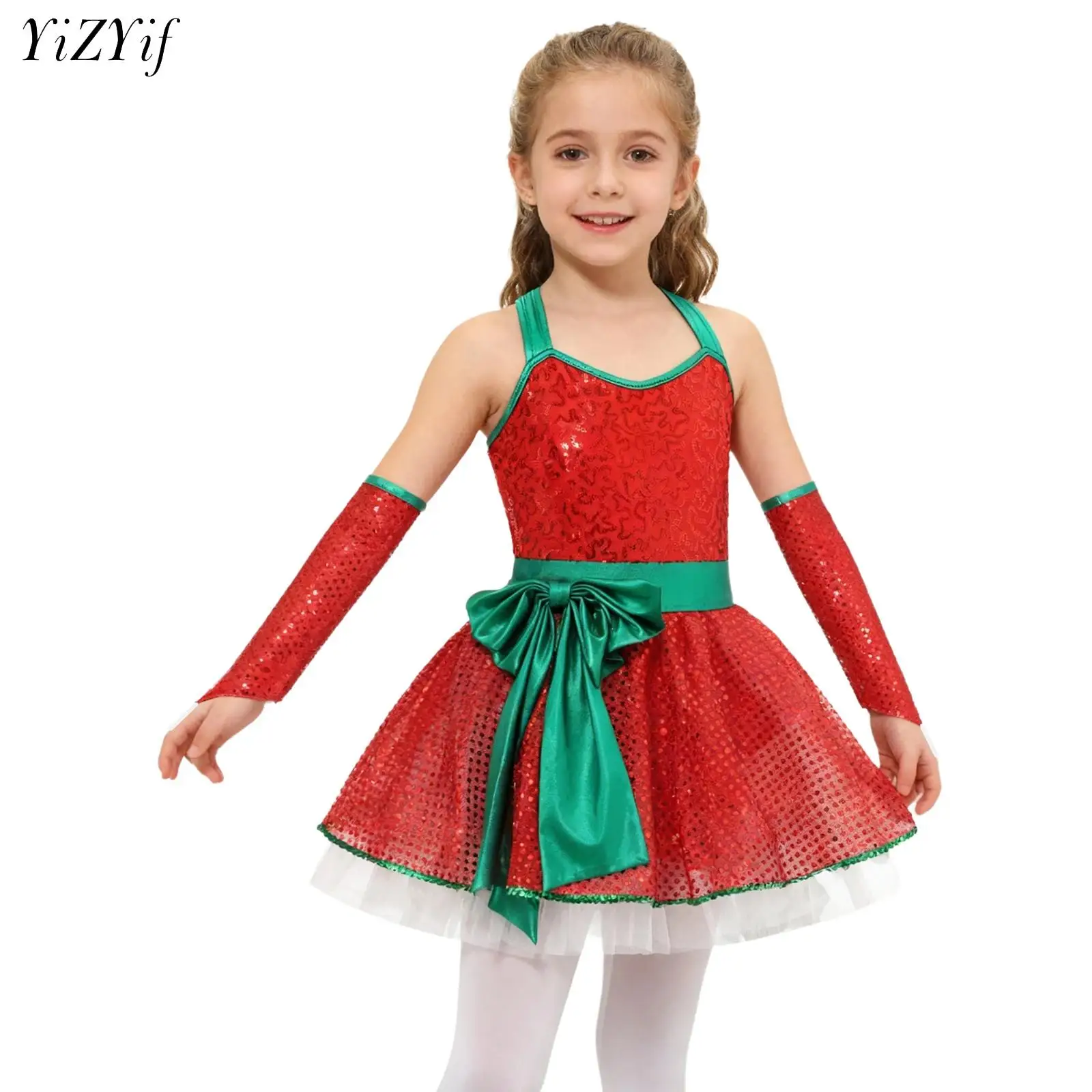 Girls Christmas Ballet Dance Tutu Dress Shiny Sequin Bow Figure Skating Gymnastics Leotard with Sleeves Carnival Party Outfits