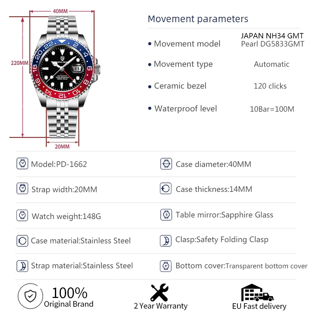 PAGANI DESIGN Original 40MM Men Japan NH34 GMT Automatic Mechanical Watches Luxury Stainless Steel 100M Dive Watch PD-1662