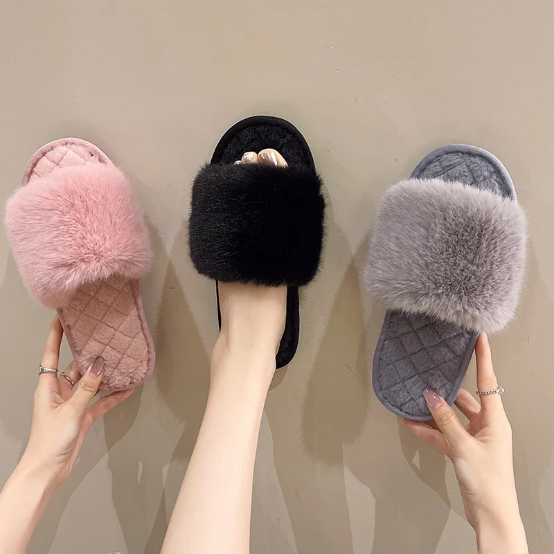 Casual Fluffy Slippers Women House Flat Warm Plush Designer Shoes Ladies Fashion Trend Winter Platform Footwear Elegant Open Toe