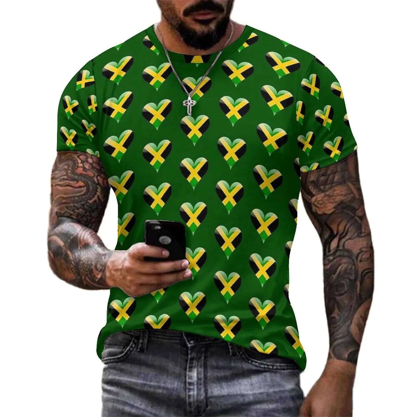 Abstract Jamaican Flag T-Shirt Jamaica Heart Streetwear T-Shirts O Neck Cool Tshirt Summer Man Graphic Top Tees Plus Size 5XL