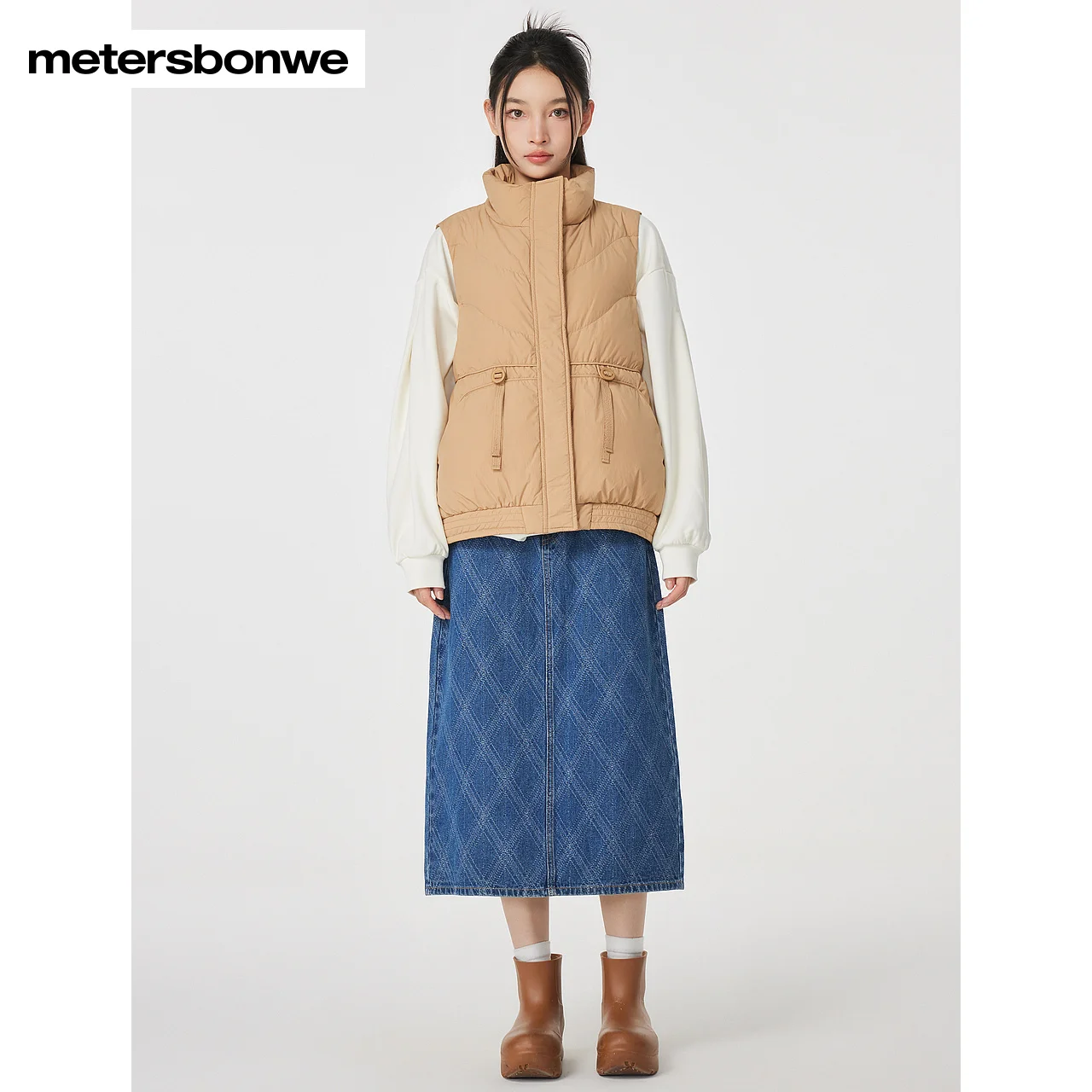 Metersbonwe-Women\'s Sleeveless Jacket Puffer Stand Collar Regular Fit Elegant Down Vest Stylish Casual Winter