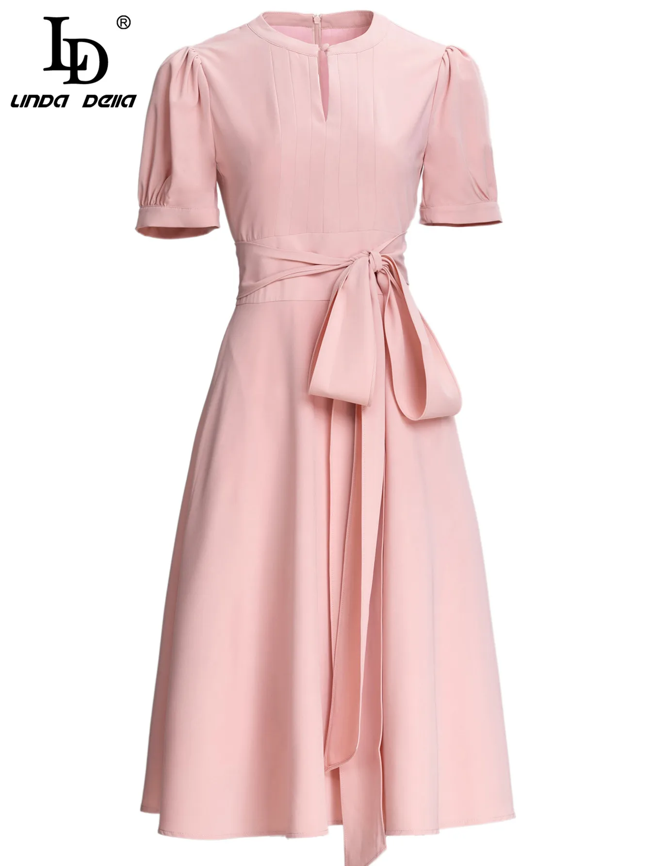 

LD LINDA DELLA Fashion Runway Summer Pink Dress Women O-Neck Short sleeve Belted Solid color Midi Dress Vestidos