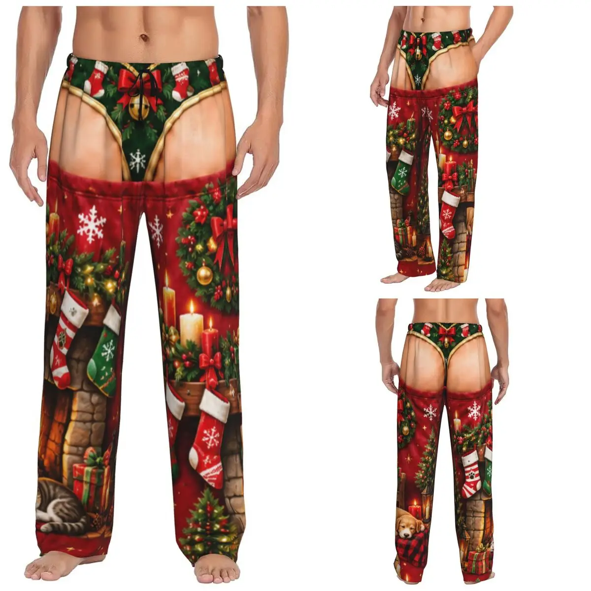 Men Merry Christmas Santa Claus Snowman Lounge Pants Comfy Pajama Sleep Bottoms With Pockets