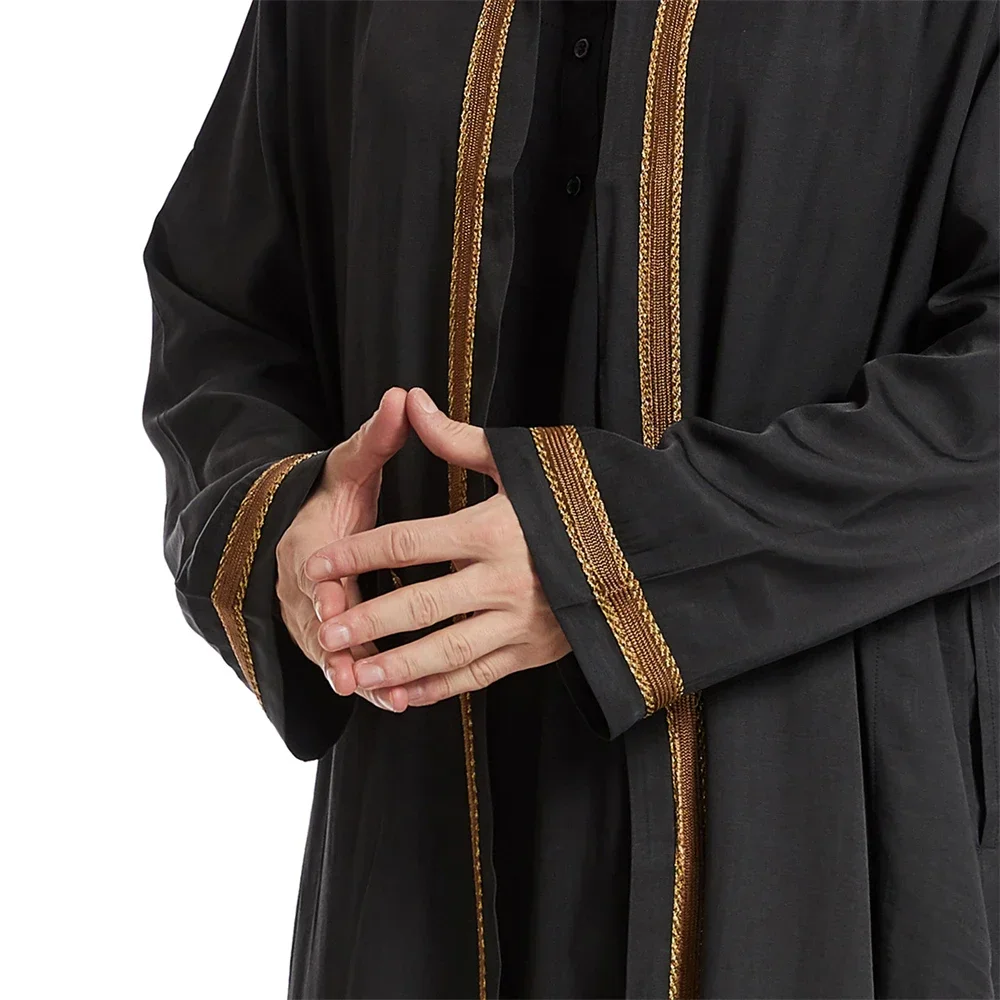 Męski otwierana Abaya muzułmański saudyjski Jubba Thobe islamska odzież Ramadan Kimono szlafrok z długim rękawem Caftan Dubai stojak kołnierz arabski sukienka