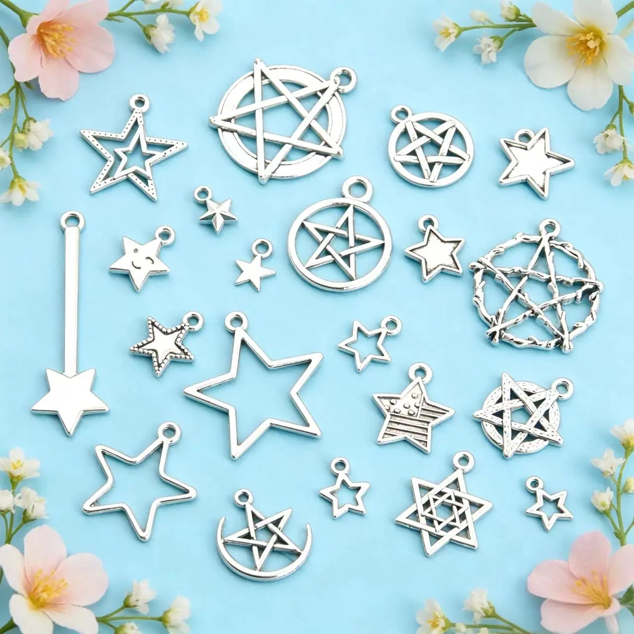 10/20Pcs 20 Styles Mixed Size Alloy Hollow Pentagram Charms for Jewelry Making DIY Handmade Natural Star Pendant