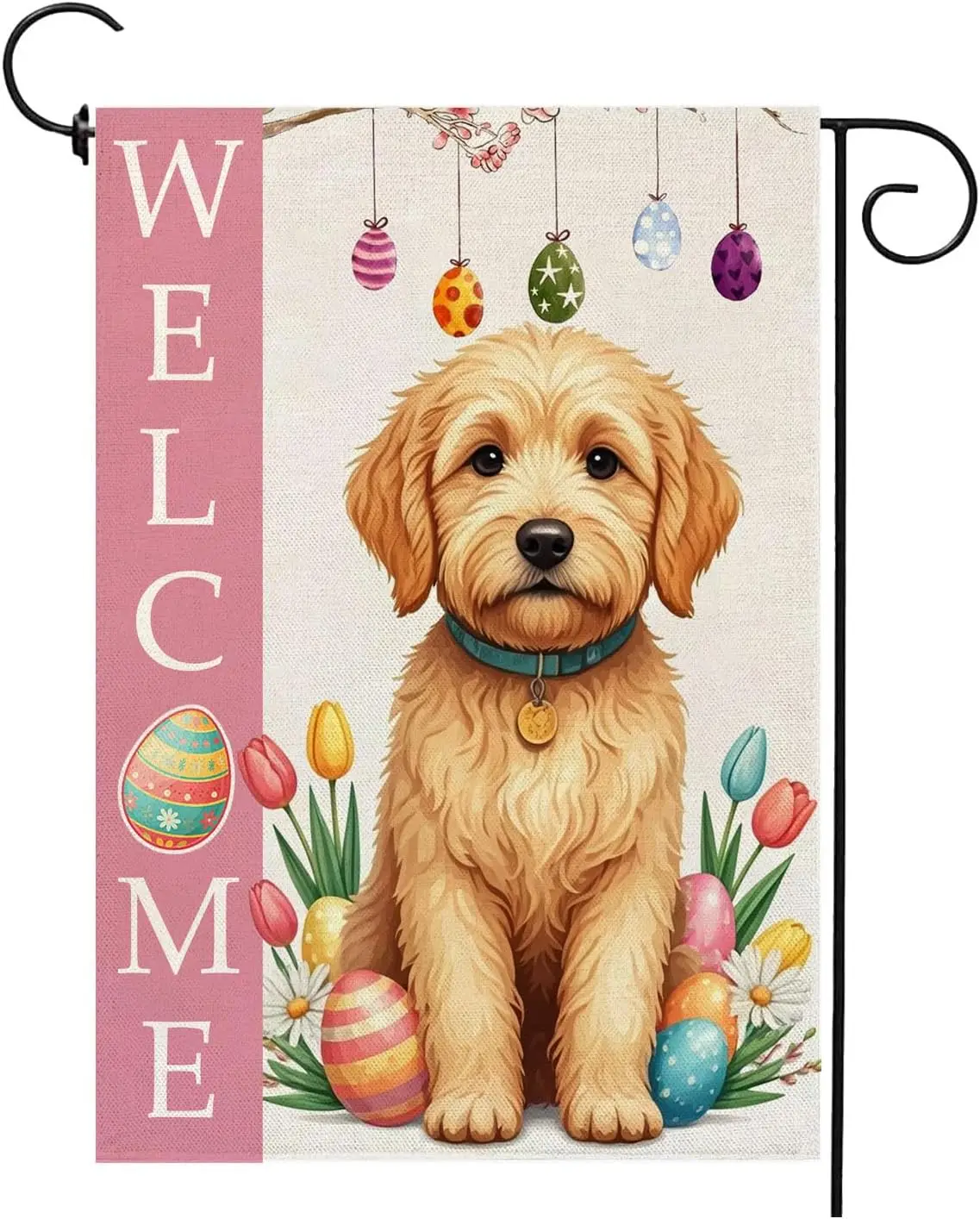 Easter Garden Flag 12 x 18 Inch Vertical Double Sided For Golden Doodle Dog Lovers Burlap Farmhouse Flowers Easter Eggs Yard SSL
