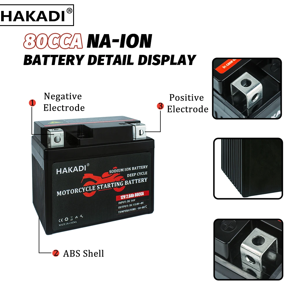 HAKADI Rechargeable Sodium-iom 12V 2.6Ah Lithium Battery Pack With BMS 80CCA 3000+ Cycle For Motorcycle Scooter