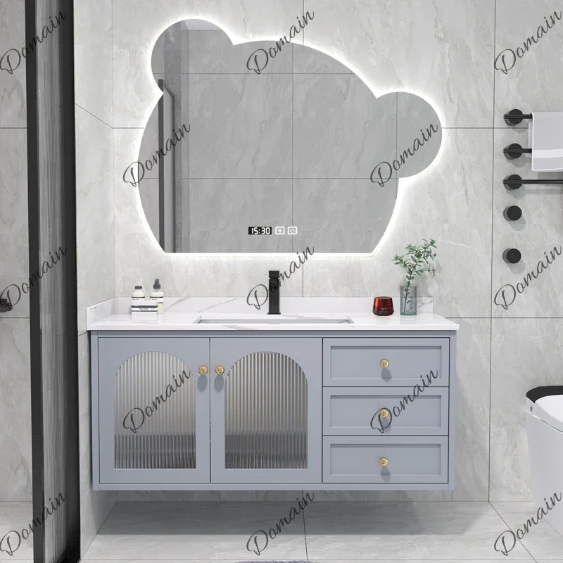 XY Slate Bathroom Vanity With Sink Furniture Mirror Cabinets Storage Bear Mirror Integrated Solid Wood Style Cabinet Companion W