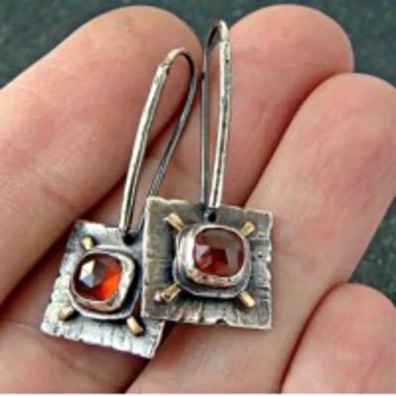 Vintage Temperament Inlaid Faux Red Gemstone Earrings Boho Personality Silver Plated Square Earrings Jewelry