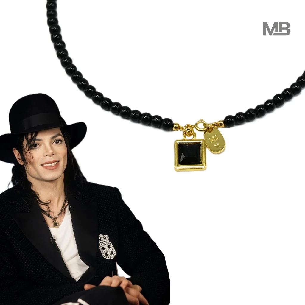 Michael Jackson 1997 Paris Vintage Cosplay Square Necklace Fashion Accessory Black String of Beads Souvenir Prop