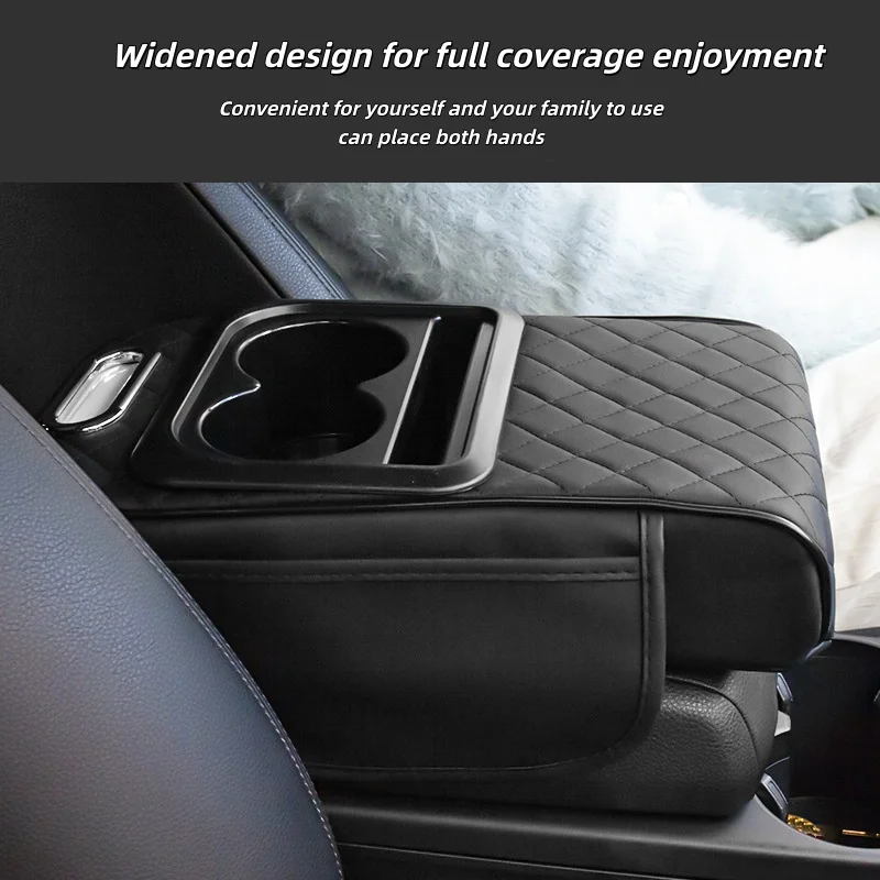 Car Armrest Box Height Extension Pad, PU Leather, Thickened Memory Foam, with Cup Holder and Tissue Box, Universal Elbow Support