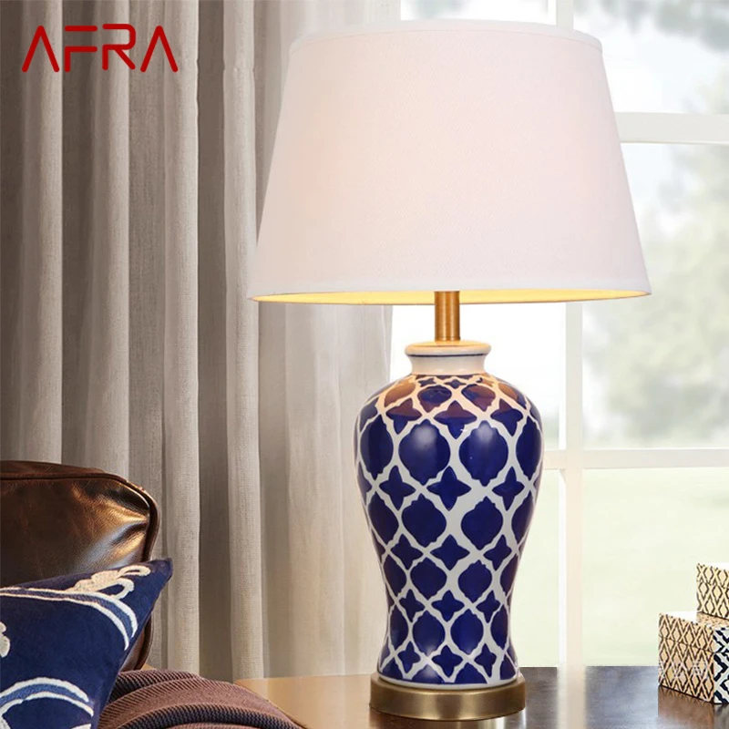 

AFRA Contemporary Ceramic Blue Table Lamp Creative Vintage Bedside Led Desk Light for Home Living Room Bedroom Decor