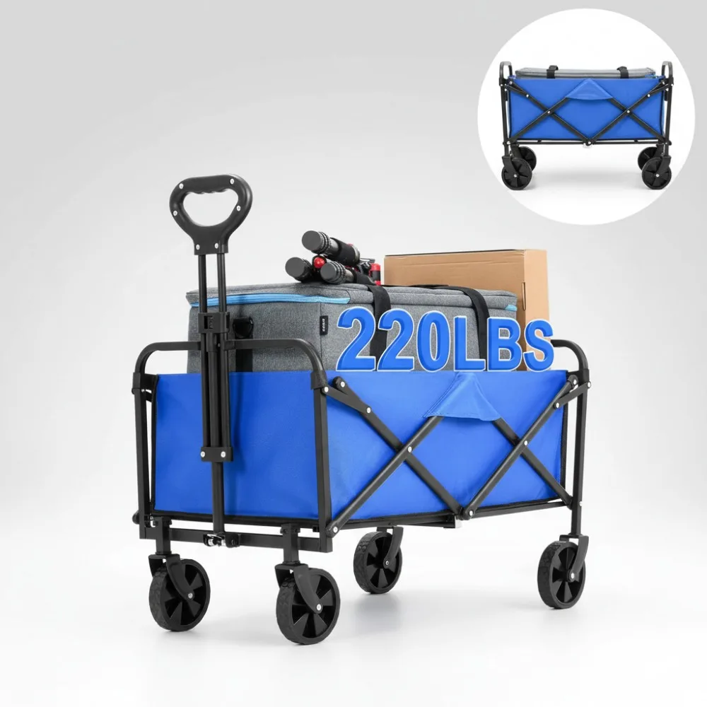 

Collapsible Folding Wagon Cart with Wheels, Heavy Duty Utility Grocery Beach Garden Outdoor Sports Shopping Cart (Lake Blue)