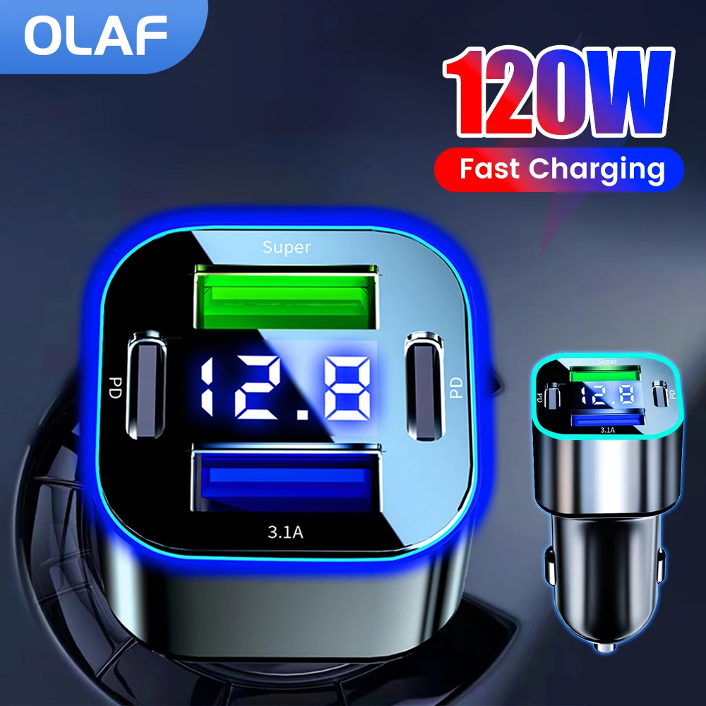 

Olaf 120W USB Car Charger Mini Fast Charging 4 Ports Phone Charger Type C QC3.0 PD Car Chargers for IPhone Xiaomi Huawei Samsung