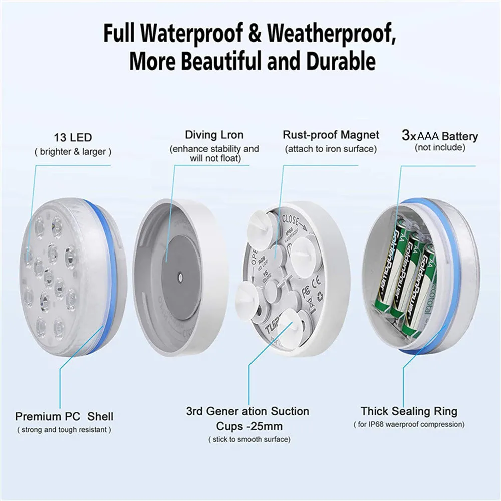 2/1pcs New 13 Leds Remote Controlled RGB Submersible Light 16 Colors for Outdoor Pond Fountain Vase Garden Swimming Pool Under
