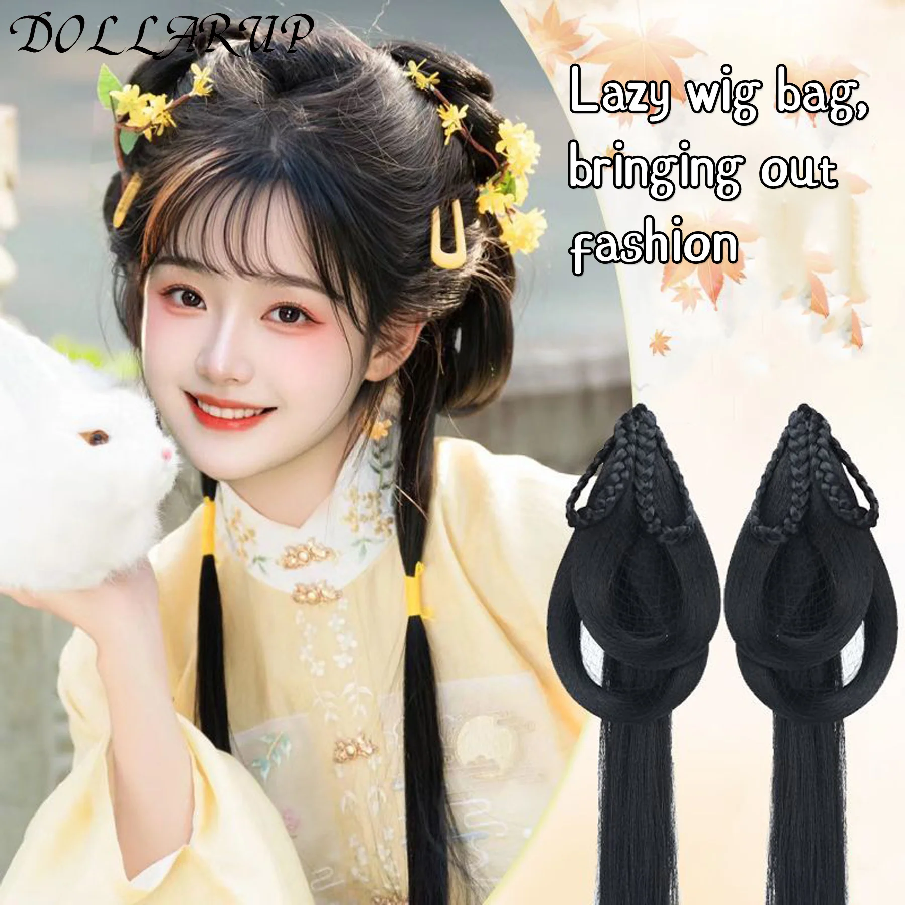 Chinese Ancient Wig Women Hanfu Wigs Headdress Photography Dance Accessory Wigs Black For Women Integrated Hair bun High tem