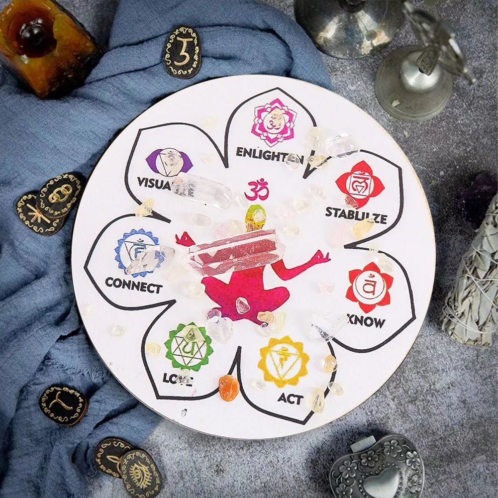 

Colorful Yoga Chakra Lace Wooden Decorative Plates Energy Divination Plates Altar Supplies Desktop Insulated Coasters