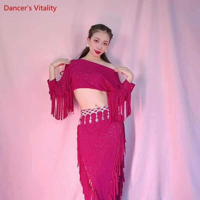 Belly Dance Practice Clothes for Women Long Sleeves Top+tassel Spandex Skirt Suit Bellydance Group Set Cusomzied Oriental Wear