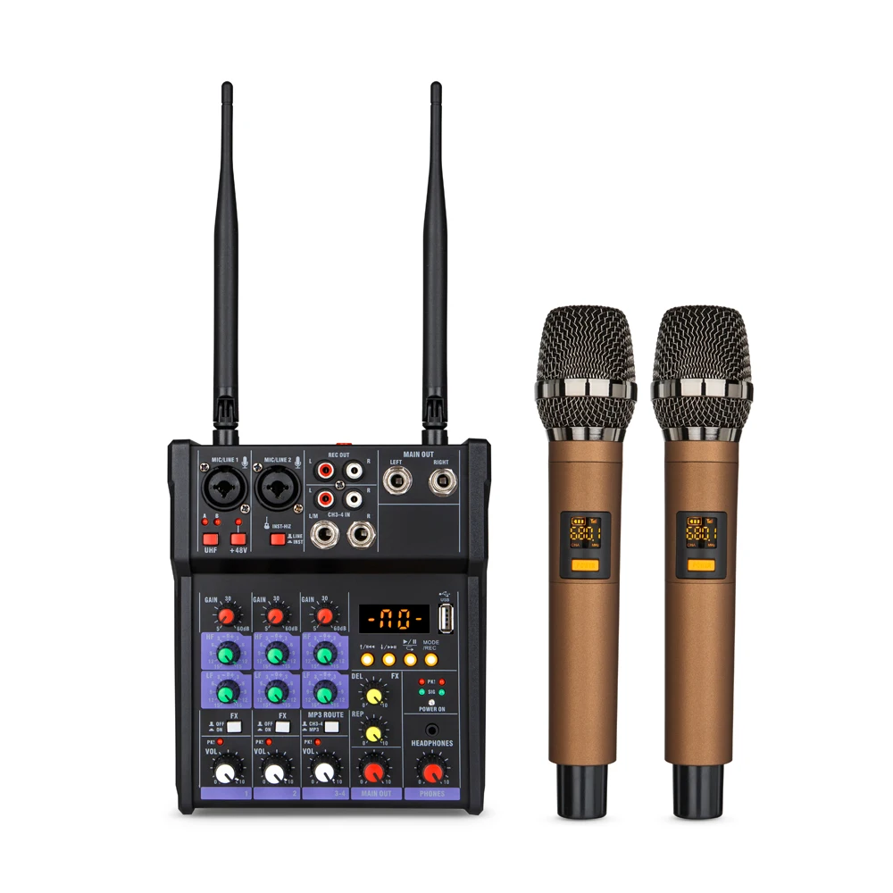 Pro MiCWL 2 Channel Wireless Handheld Microphone With 4 Input Bluetooth Stereo Mixer Sound Mixing DJ Console XLR 48V