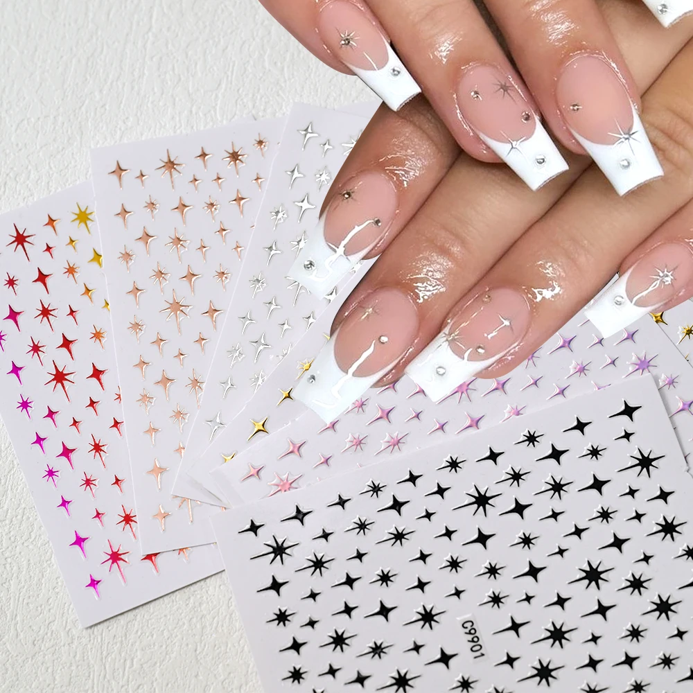 1 Stück 3D vierzackiger Stern Nail Art Aufkleber Gold/Silber Kreuzsterne selbstklebende Nagelschieber Y2K Sternenlicht DIY Maniküre Aufkleber