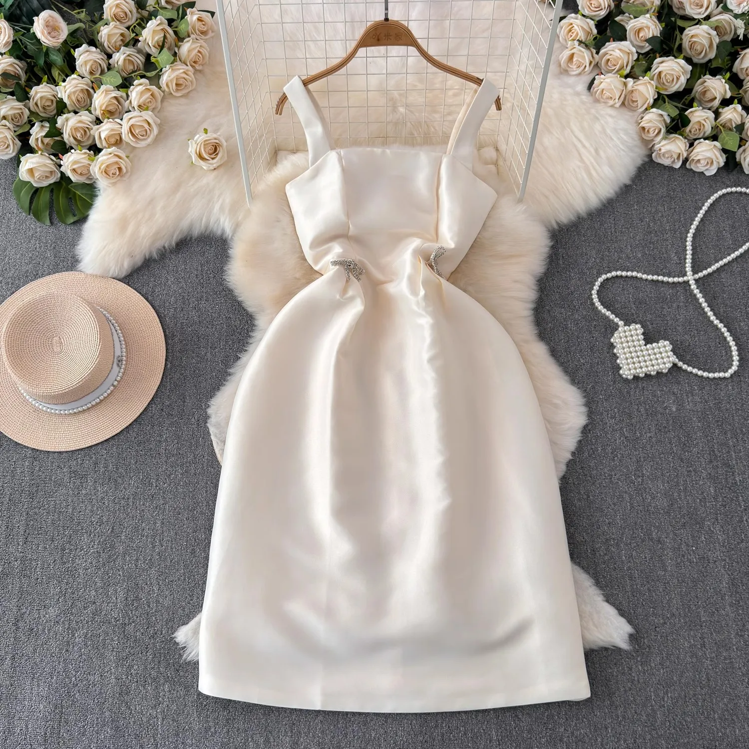 High Quality Women Summer French Style Camisole Square Collar Sleeveless Diamonds Bow Ball Gown Party Dresses