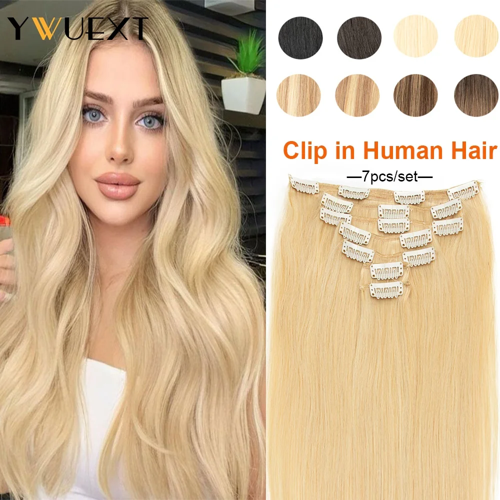 YWUEXT Clip In Human Hair Extensions 7pcs/set Natural Blonde Straight Clip Hair Full Head Hairpieces 12-24 inches For Salon