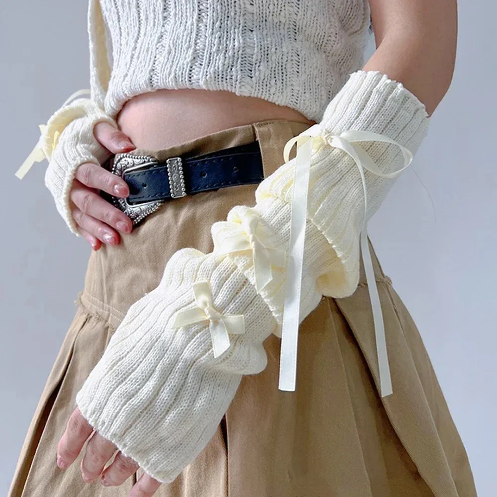أنثى Y2K موضة الشرير مدفئات للذراع Bowknot لينة قفازات محبوكة النساء فتاة نصف اصبع القفازات بلون رشاقته أكمام أذرع تبريد