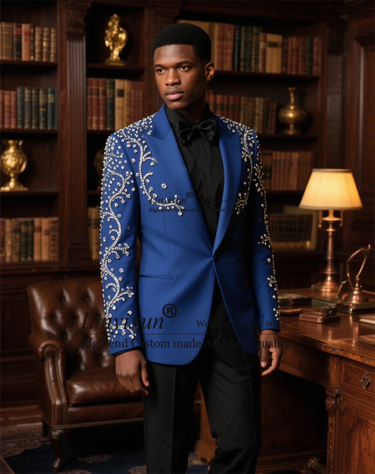 

Handsome Slim Fit Tuxedo Men Suit 2 Piece Sets Male Prom Blazer Customized High End Jewelry Crystals Groom Costume Homme