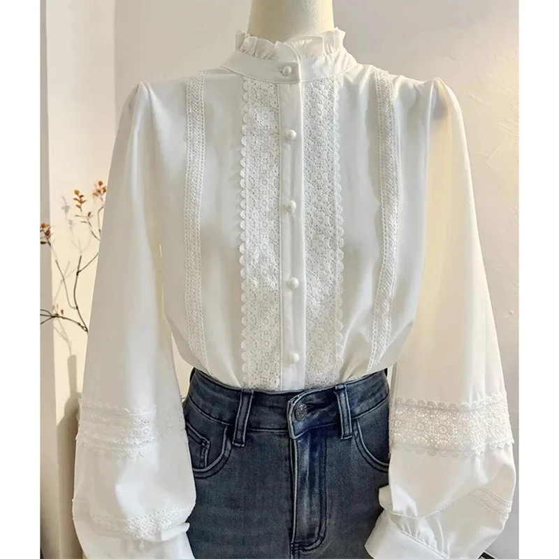 الدانتيل لوحة المرقعة بلوزة بيضاء المرأة كشكش طوق كم طويل قميص أنيق لوليتا صف واحد أزرار Jk بلوزات غير رسمية على الموضة #2