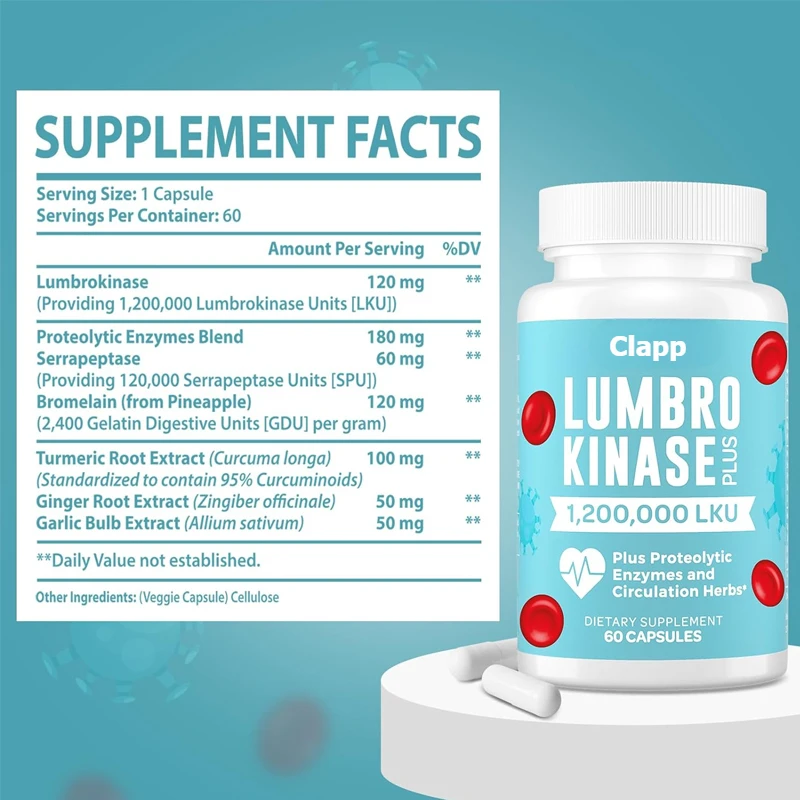 Lumbrokinase Supplement, 1.2 Million LKU - Containing A Mixture of Proteolytic Enzymes and Herbal Ingredients