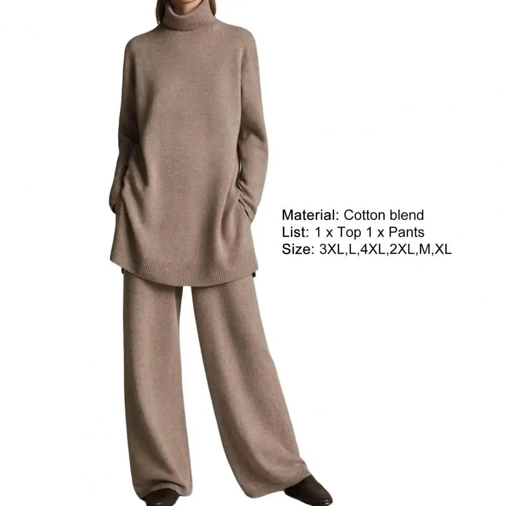 2 Pieces Women Sets Knitted Tracksuit Turtleneck Sweater Wide Leg Jogging Pants Knitted Pullover Suit Sweatshirt Trousers Suit