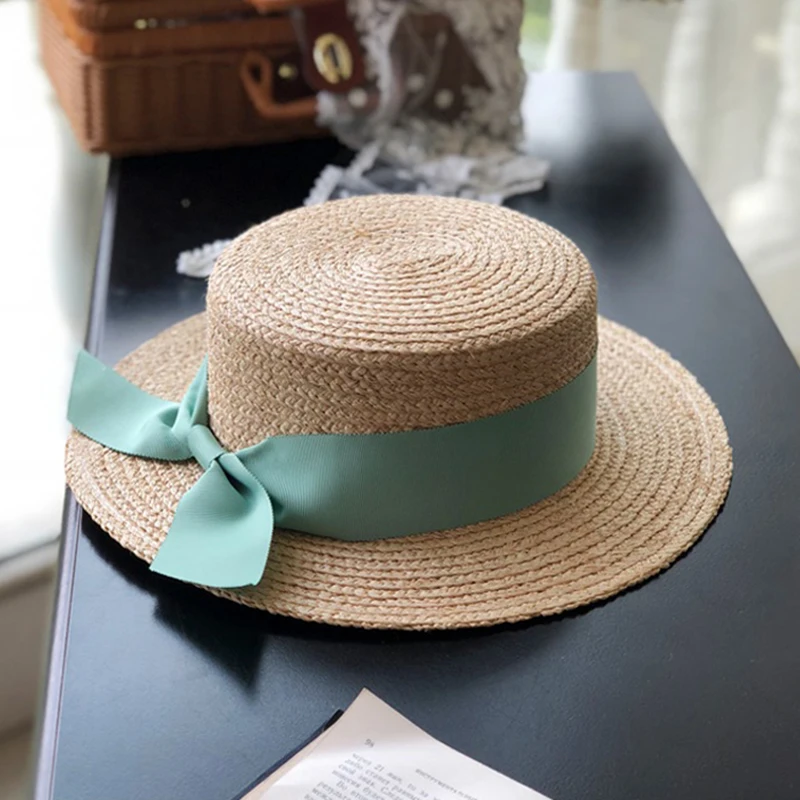 Luna&Dolphin Women Summer French Lace Raffia Straw Hat Green Pink Ribbon Cap Temperament Flat Hepburn Big Eaves Sunhat Vacation