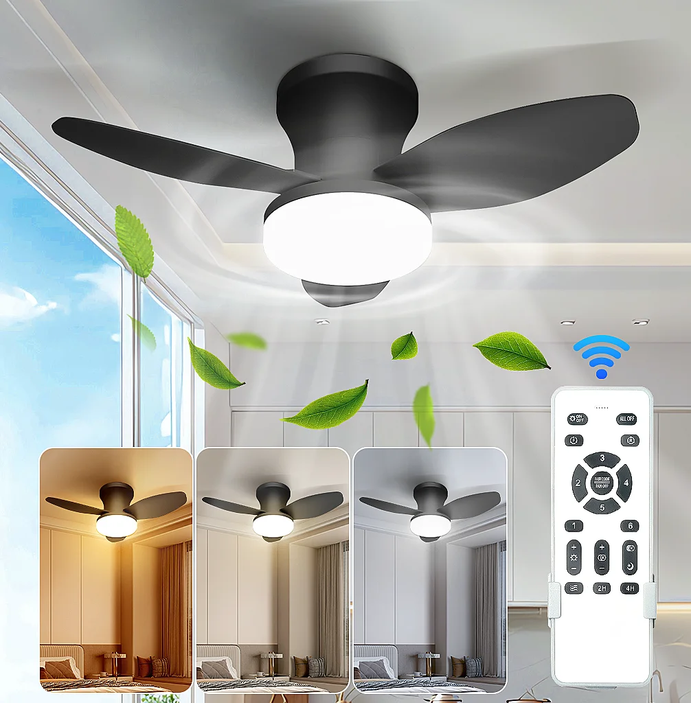 Aiopp Drei-Blatt-Deckenventilator mit Licht und Fernbedienung, 6 Geschwindigkeiten dimmbar, flacher, umkehrbarer LED-Kronleuchter für Schlafzimmer
