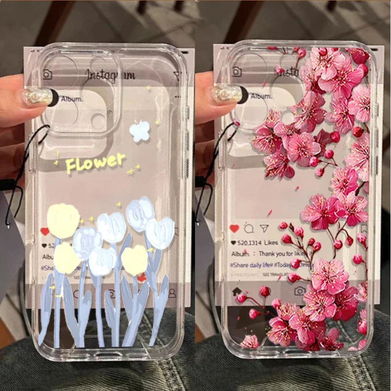Cute Flowers Pattern Case For Samsung Galaxy S26 Ultra S25 S24 Plus S26FE Soft Silicone Transparent Cover