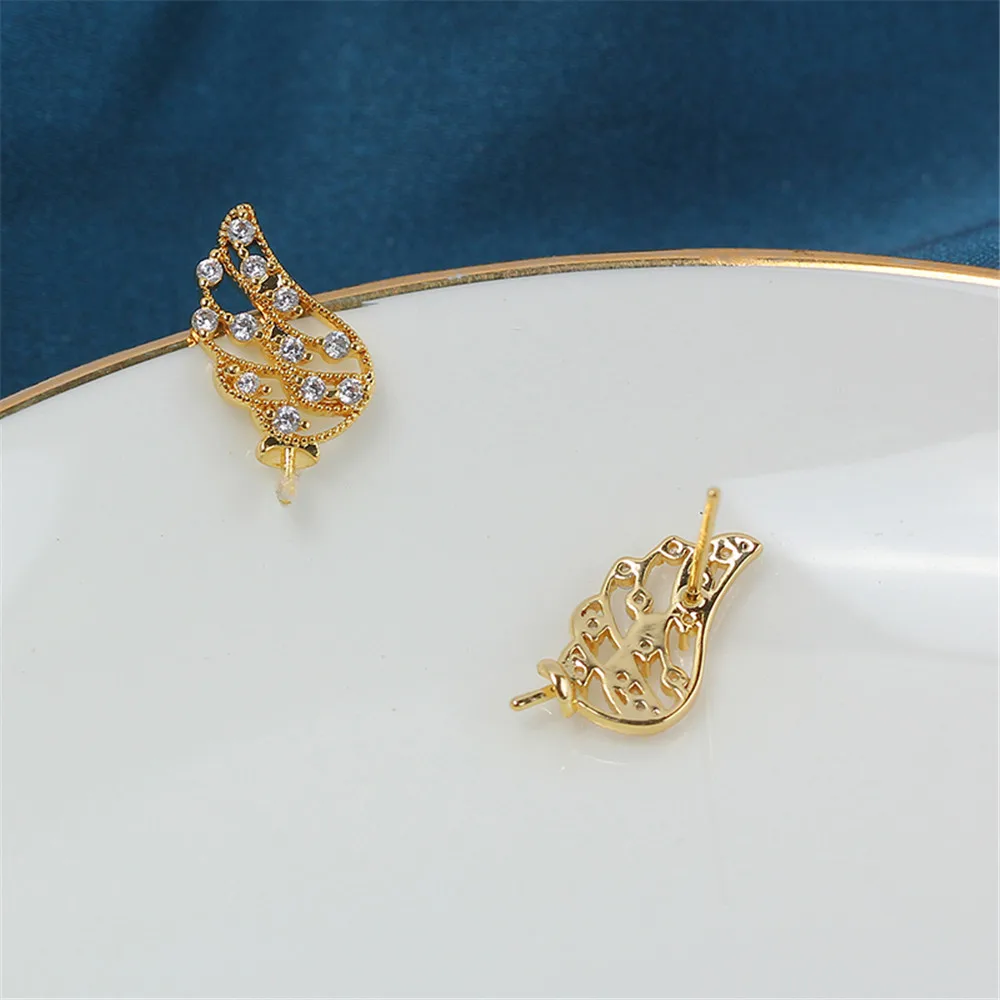 Domestically 14k Gold Injection Wing Hollowed Out Micro Inlaid Zircon Pearl Earrings S925 Silver Needle Earrings DIY Accessory