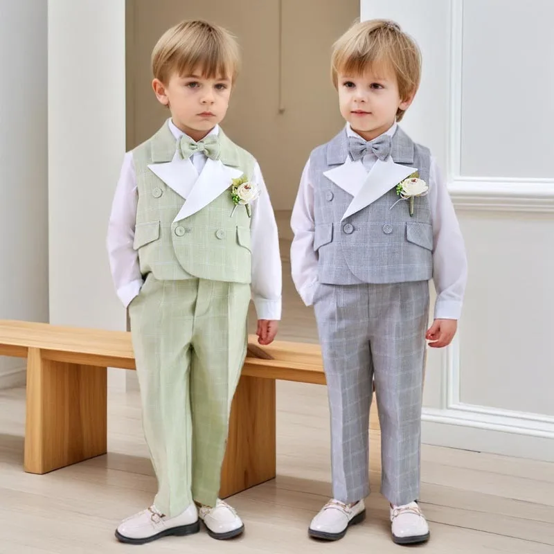 

2025 Spring Children Formal Blazer Set Gray Plaid Vest Outfits 1-12 Years Wedding Suit for Boys Gentleman Kids Birthday Costume